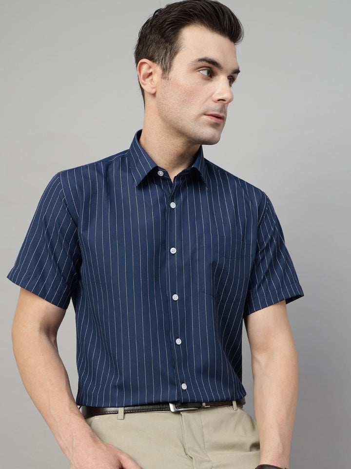 Men Navy Blue Stripe Cotton Slim Fit Formal Shirt
