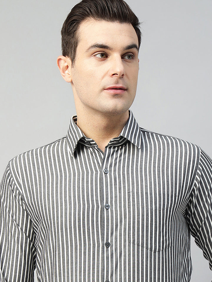 Hancock Men Grey & White Stripe Pure Cotton Slim Fit Formal Shirt