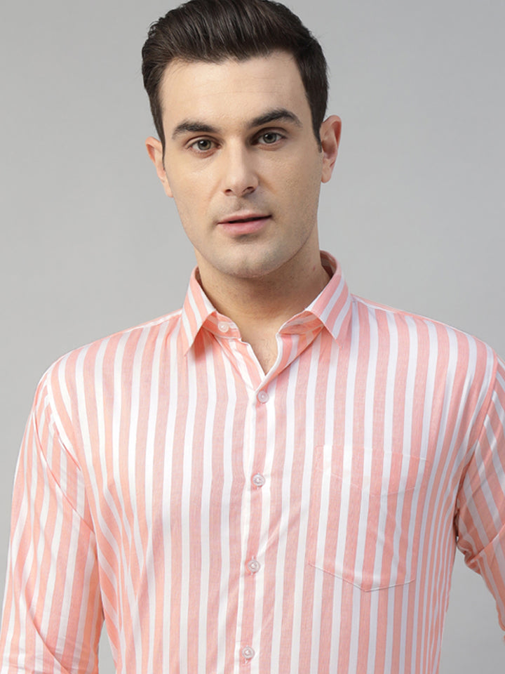 Hancock Men Orange Stripe Pure Cotton Slim Fit Formal Shirt