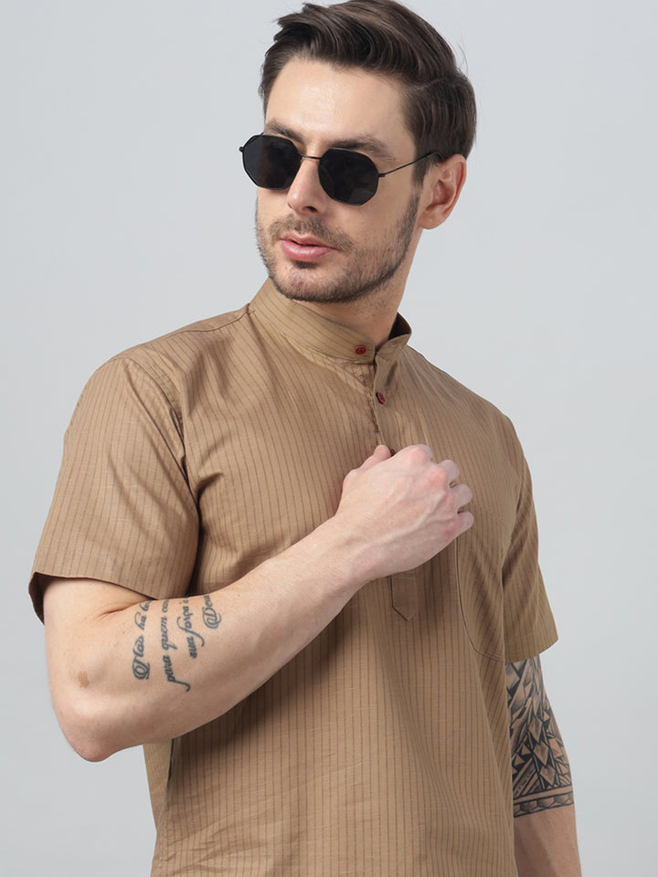 Hancock Men Khaki Stripe Mandarin Collar Slim Fit Casual Kurta