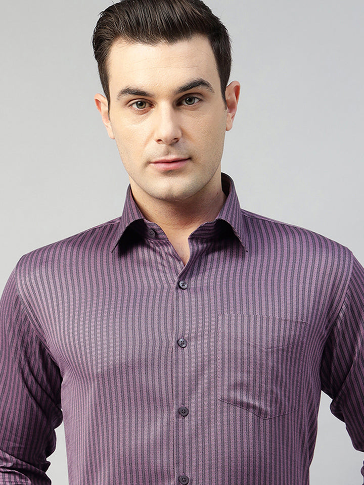 Hancock Men Purple & Grey Stripe Pure Cotton Slim Fit Formal Shirt