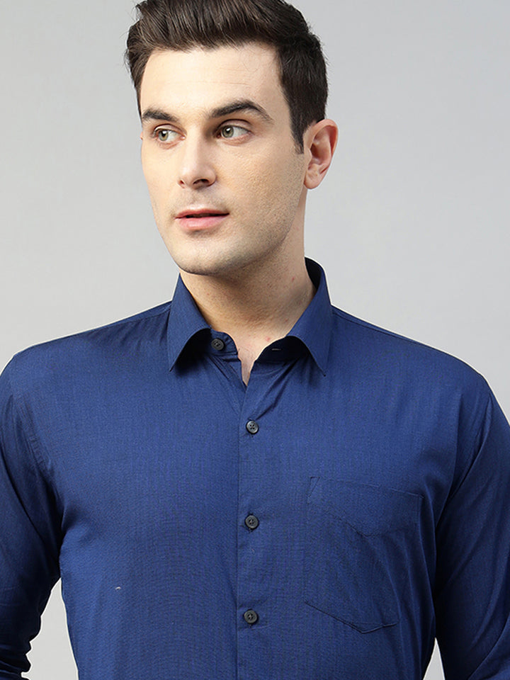 Hancock Men Navy Blue Solid Pure Cotton Slim Fit Formal Shirt