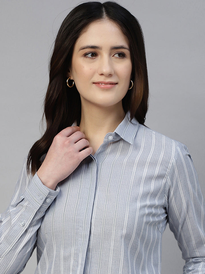 Hancock Women Bluish Grey Stripe Pure Cotton Regular Fit Formal Shirt