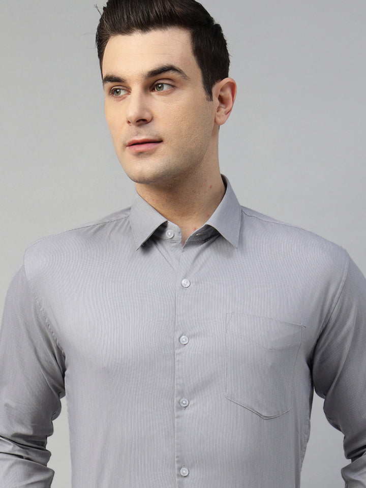 Hancock Men Grey Solid Cotton Elastene Slim Fit Formal Shirt