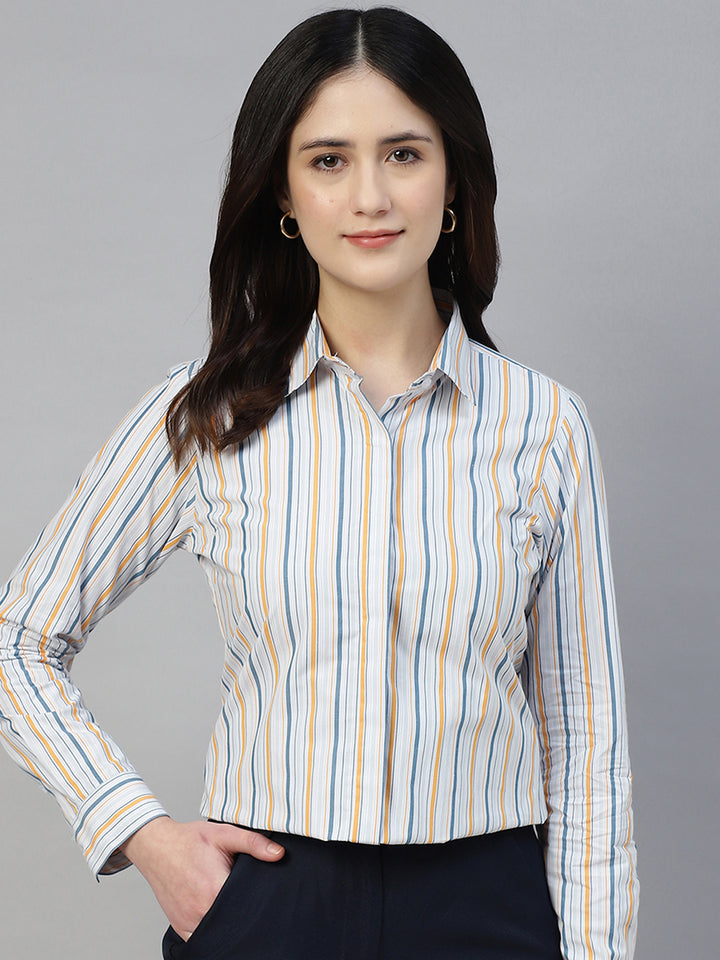 Hancock Women Grey & Yellow Stripe Pure Cotton Regular Fit Formal Shirt