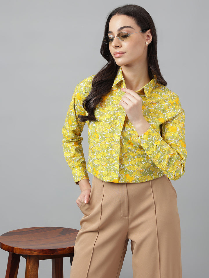 Women White & Yellow Prints Pure Cotton Regular Fit Formal Shirt