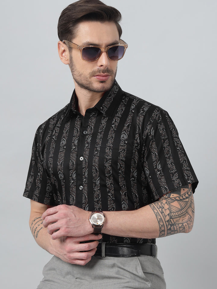 Hancock Men Black Print Spread Collar Slim Fit Formal Shirt