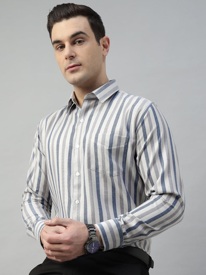 Hancock Men Beige & Grey Stripe Polyester Slim Fit Formal Shirt