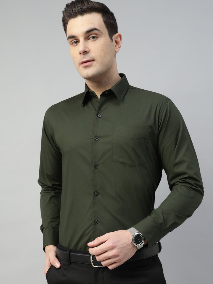 Hancock Men Olive Solid Cotton Elastene Slim Fit Formal Shirt