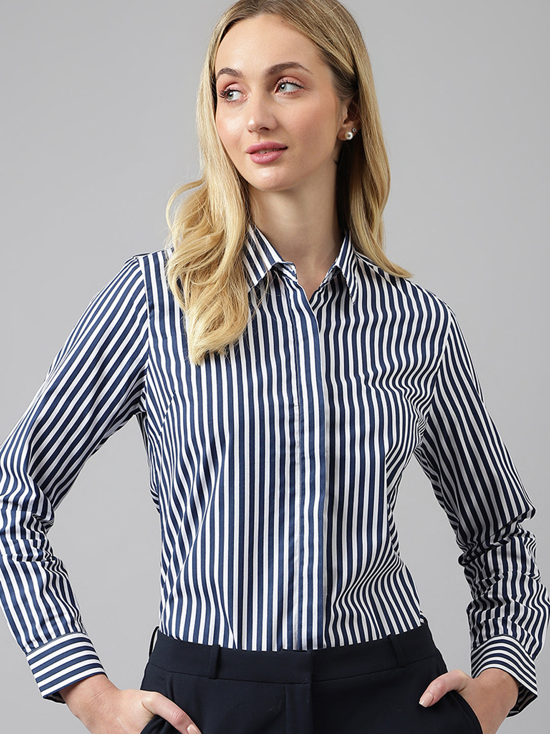 Women White &Navy Stripes Pure Cotton Regular Fit Formal Shirt