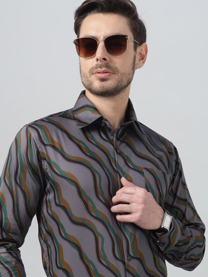 Hancock Men Grey & Mustard Print Spread Collar Slim Fit Party Shirt