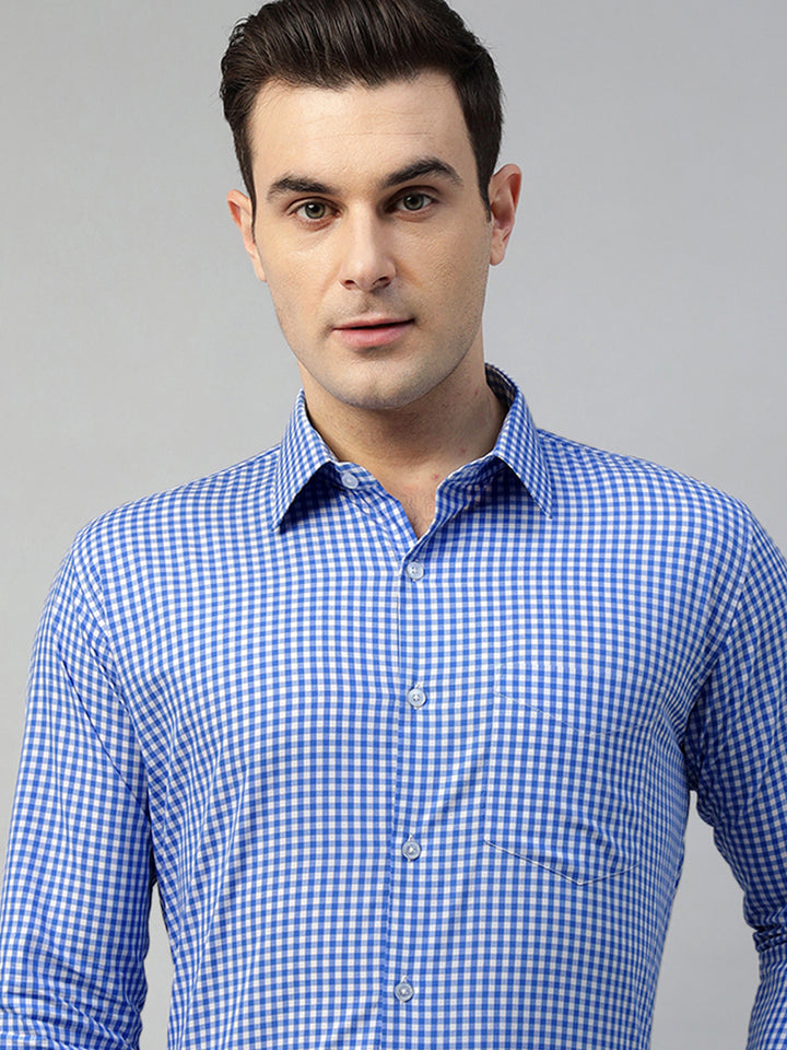 Hancock Men White & Blue Check Pure Cotton Slim Fit Formal Shirt
