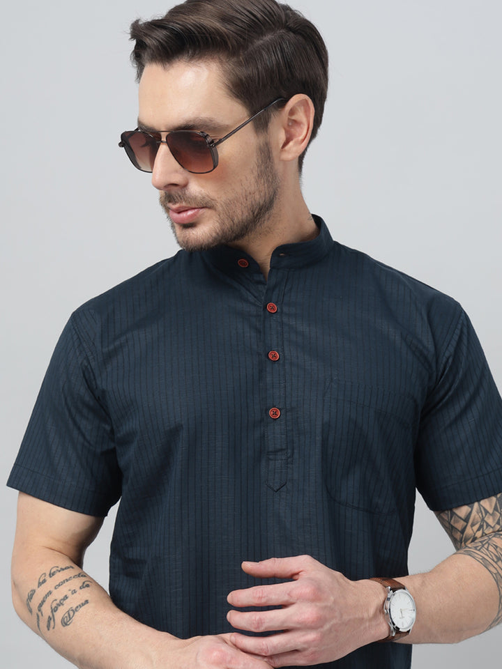 Hancock Men Navy Blue Stripe Mandarin Collar Slim Fit Casual Kurta