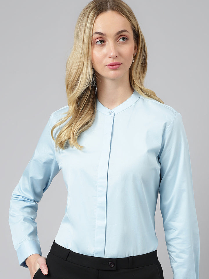 Women Sky Blue Solid Pure Cotton Regular Fit Formal Shirt