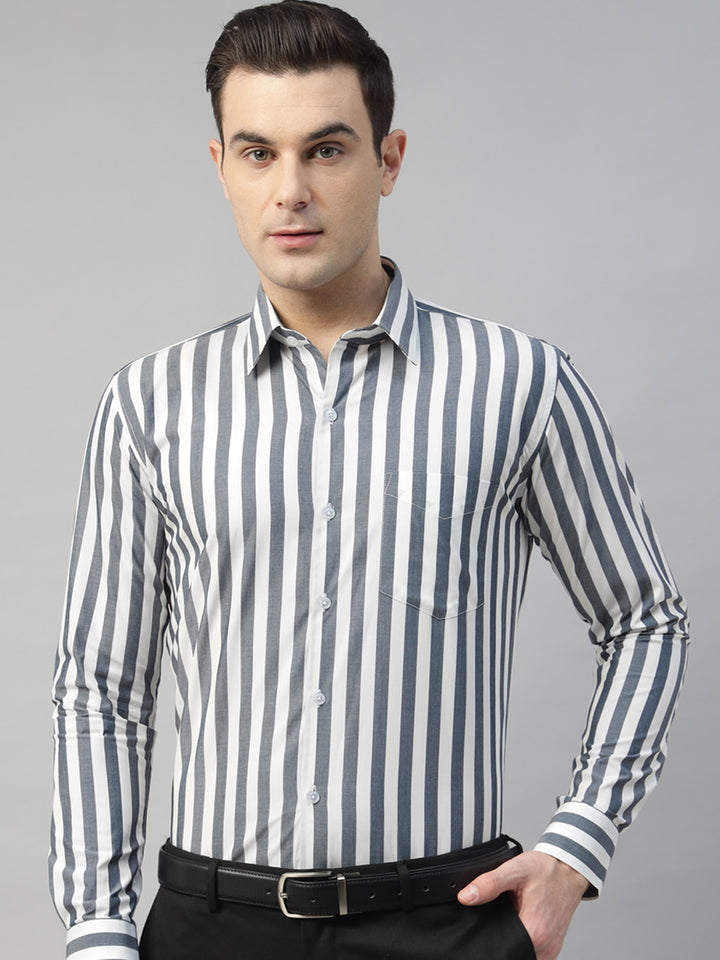 Hancock Men White & Grey Stripe Pure Cotton Slim Fit Formal Shirt