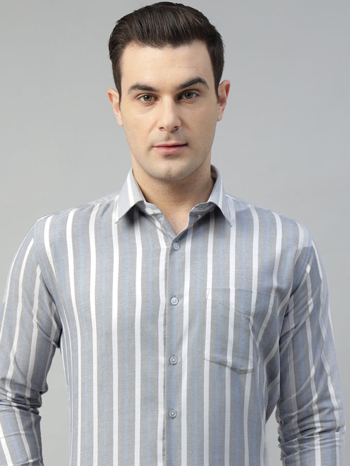 Hancock Men Grey & White Stripe Pure Cotton Slim Fit Formal Shirt
