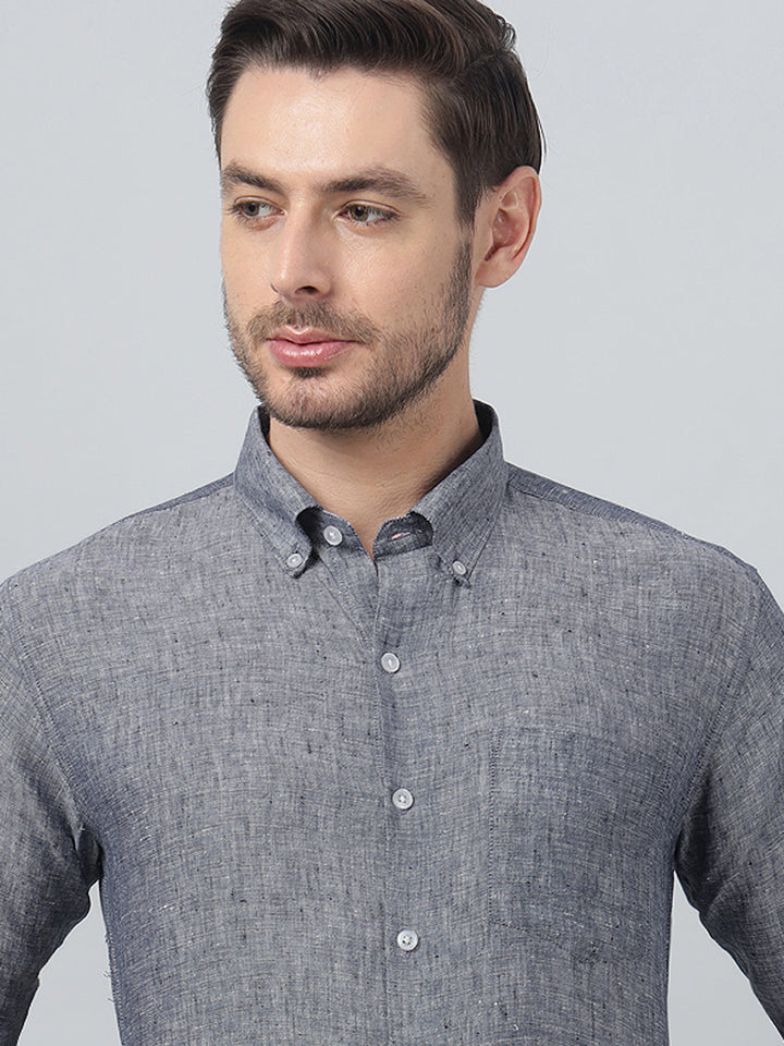 Hancock Men Navy Blue Solid Button-Down Collar Slim Fit Formal Shirt