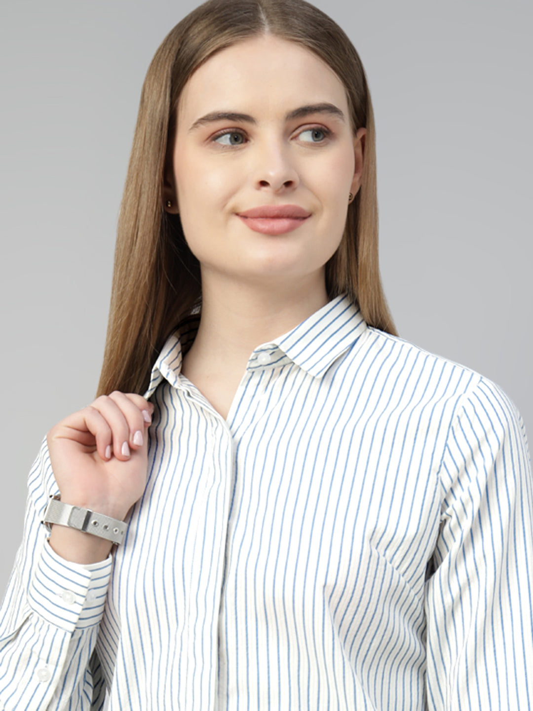 Hancock Women White & Blue Stripe Pure Cotton Regular Fit Formal Shirt
