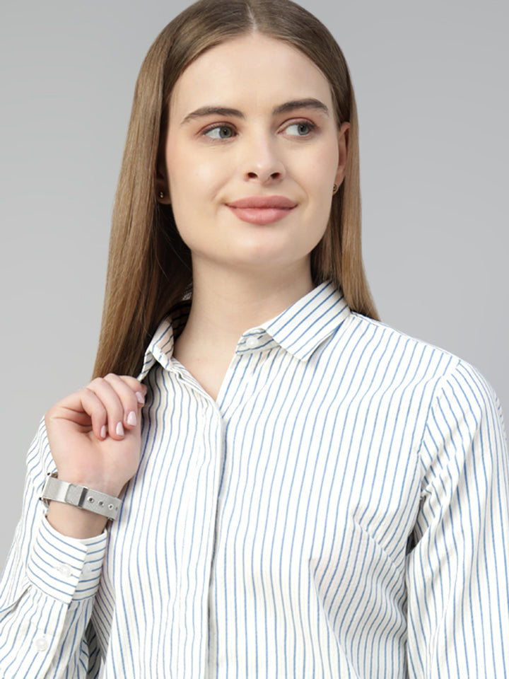Hancock Women White & Blue Stripe Pure Cotton Regular Fit Formal Shirt