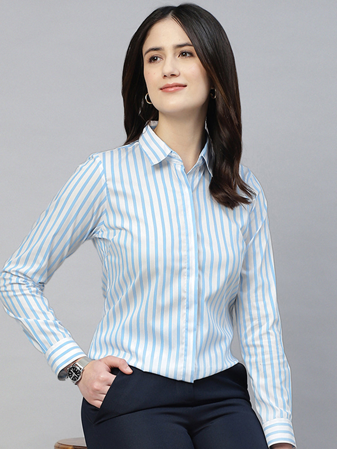 Hancock Women White & Blue Stripe Cotton Elastene Regular Fit Formal Shirt