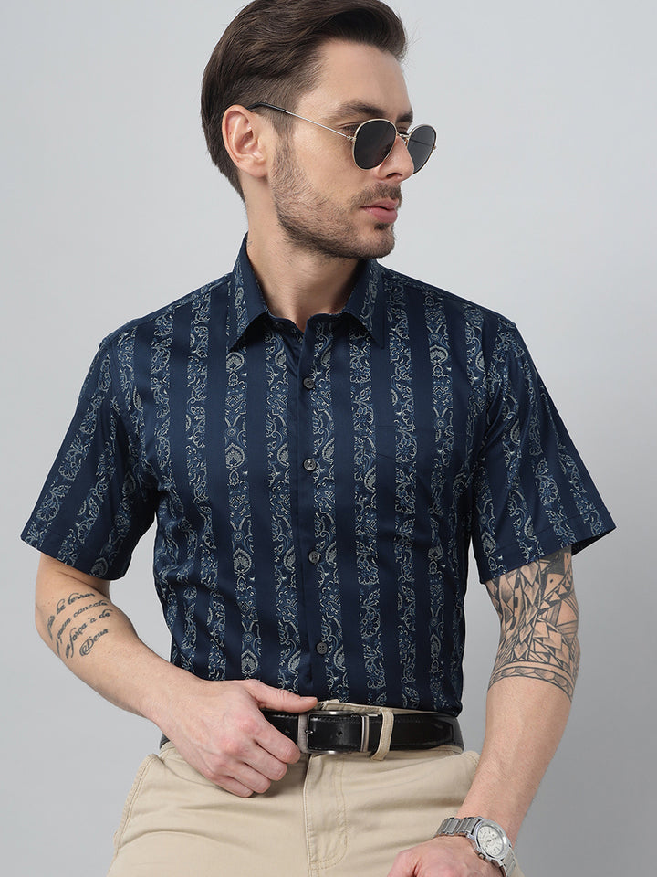 Hancock Men Navy Blue Print Spread Collar Slim Fit Formal Shirt