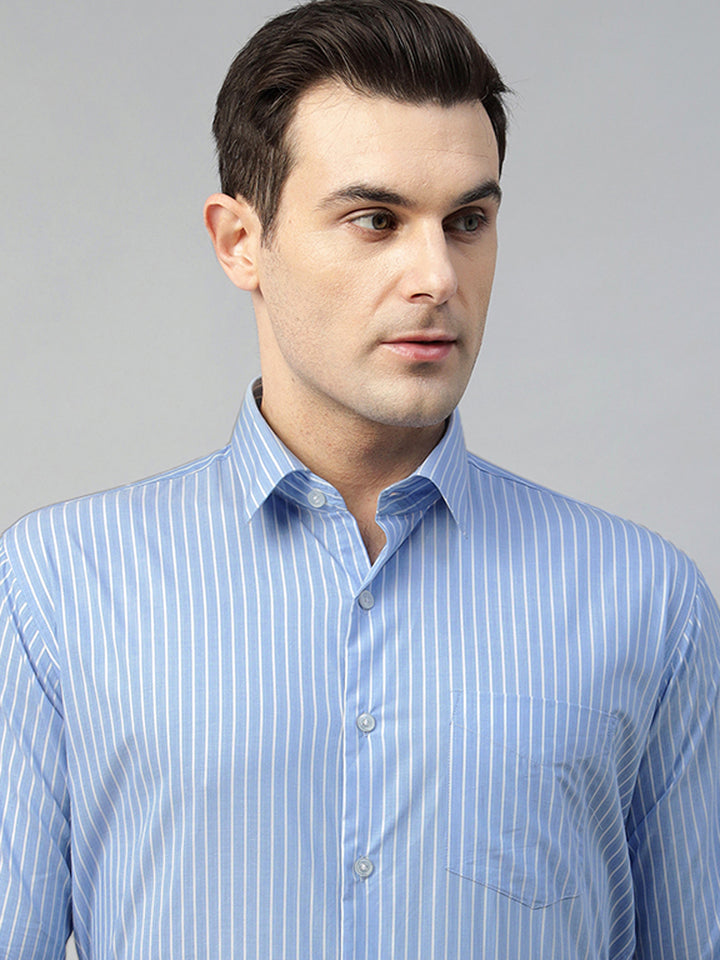 Hancock Men Blue Stripe Pure Cotton Slim Fit Formal Shirt