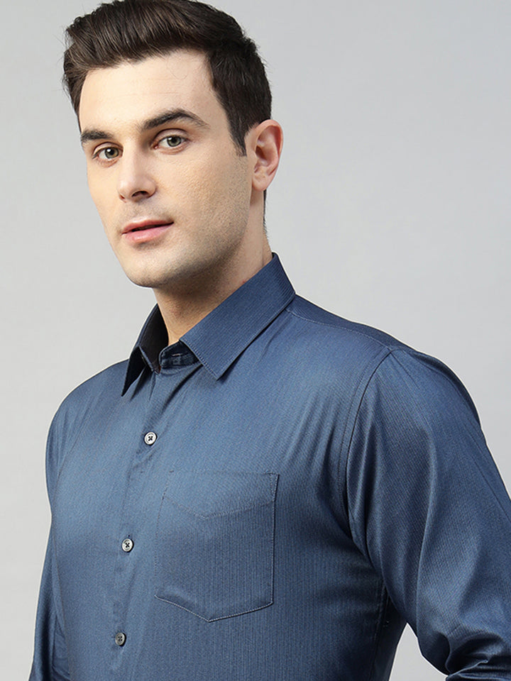 Hancock Men Navy Blue Solid Cotton Elastene Slim Fit Formal Shirt
