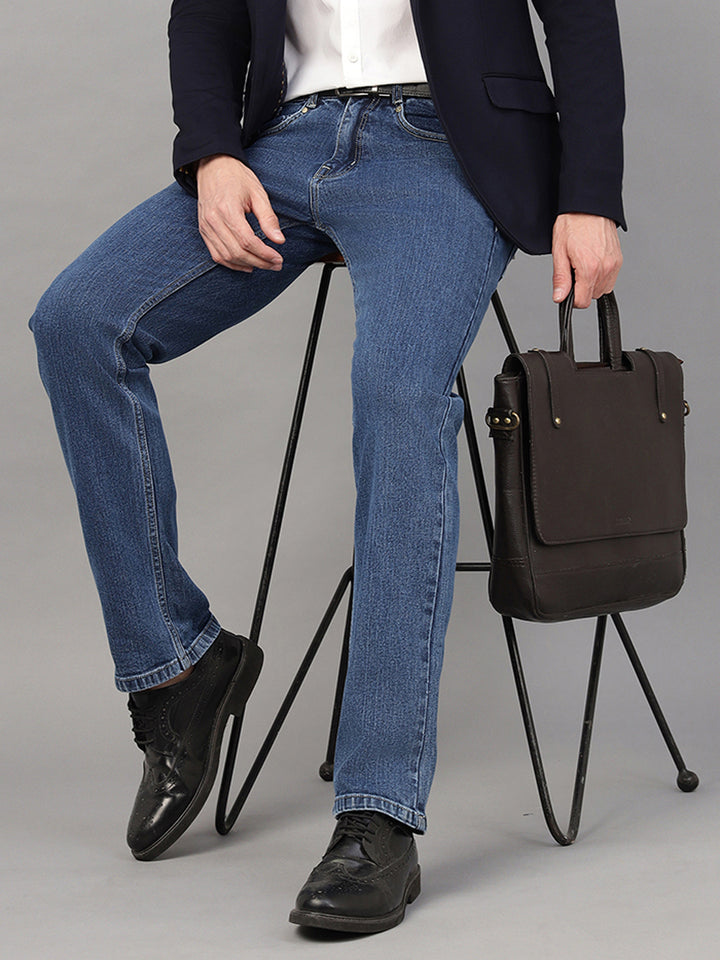 Hancock Men Medium Blue Solid Cotton Elastene Relaxed Fit Casual Jeans