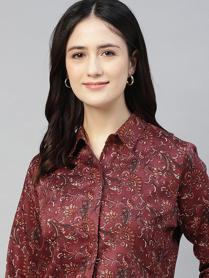 Hancock Women Maroon Prints Cotton Elastene Regular Fit Formal Shirt