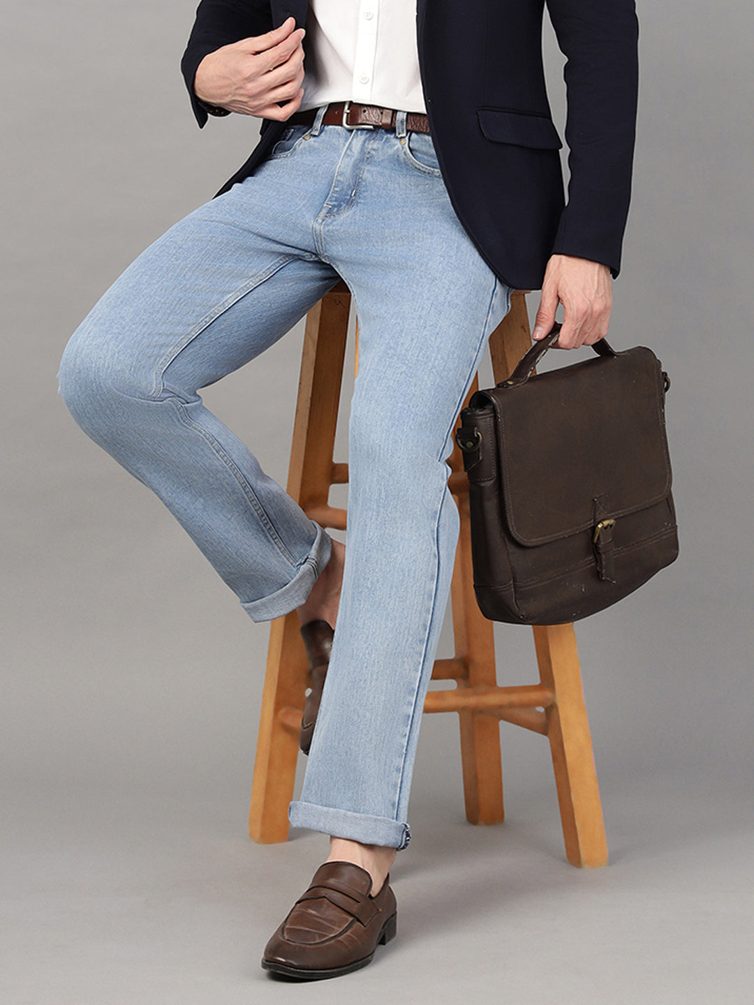 Hancock Men Light Blue Solid Cotton Elastene Relaxed Fit Casual Jeans