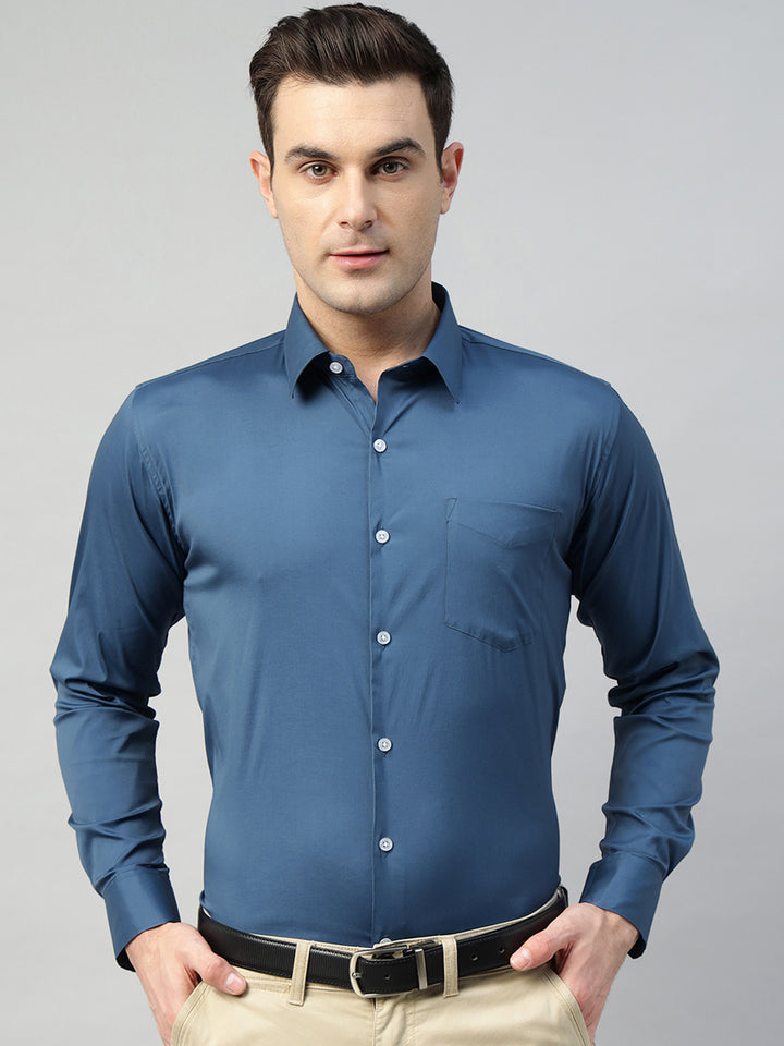 Hancock Men Blue Solid Cotton Elastene Slim Fit Formal Shirt