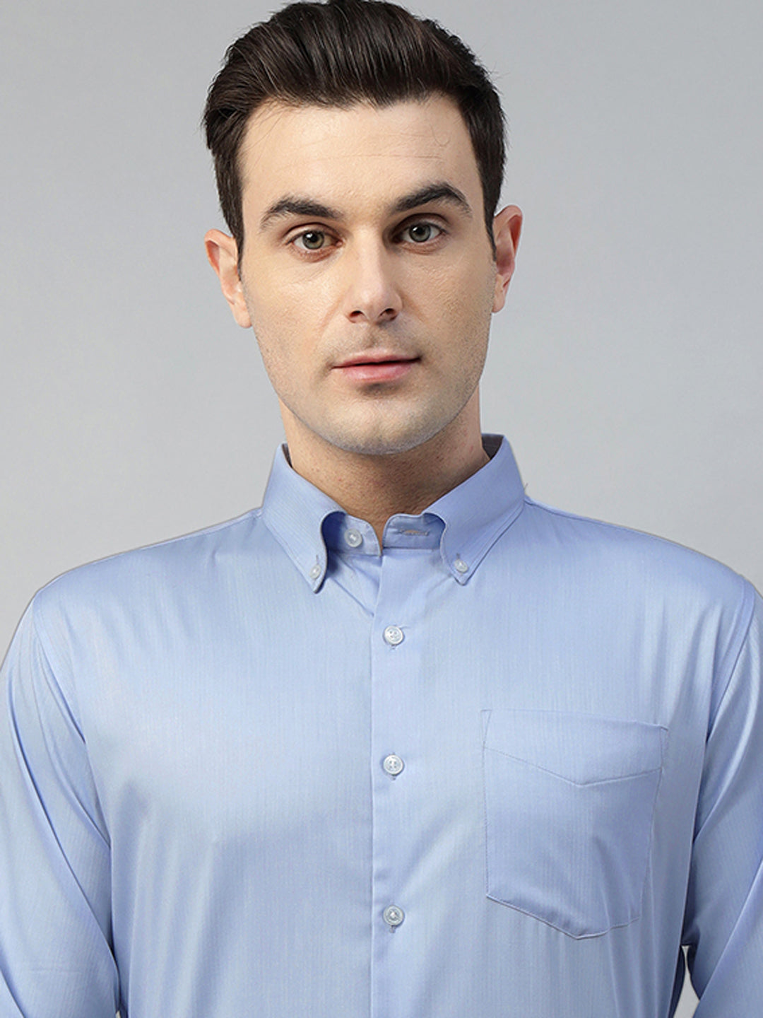 Hancock Men Sky Blue Solid Pure Cotton Slim Fit Formal Shirt