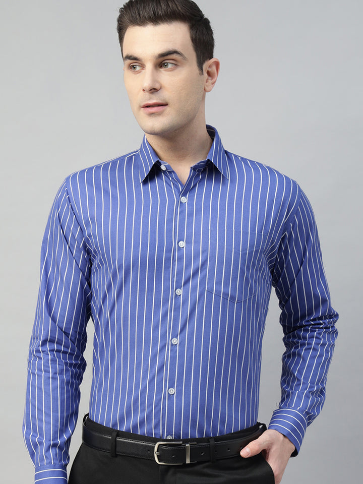 Hancock Men Blue & White Stripe Pure Cotton Slim Fit Formal Shirt