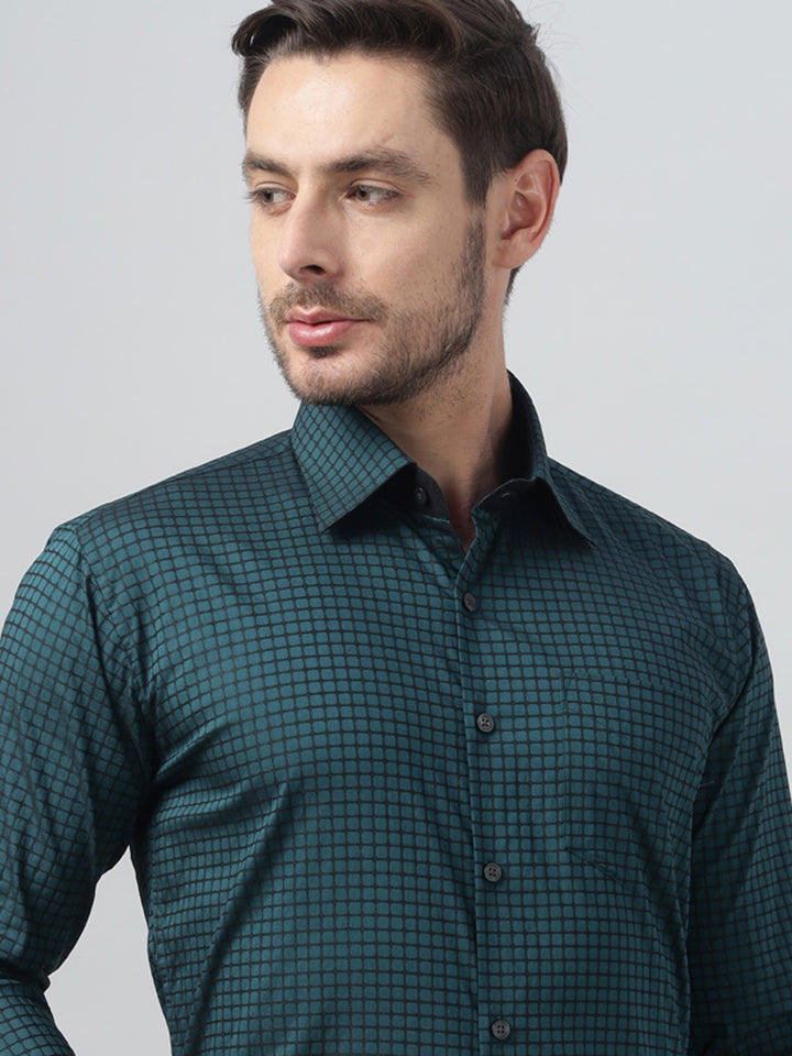 Hancock Men Turquoise Blue Check Spread Collar Slim Fit Party Shirt