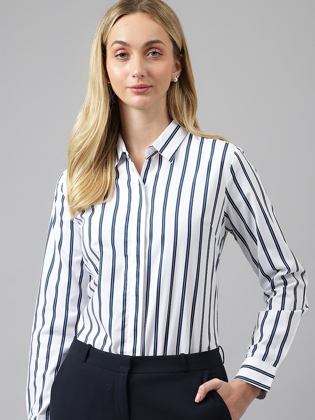 Women White &Navy Stripes Pure Cotton Regular Fit Formal Shirt