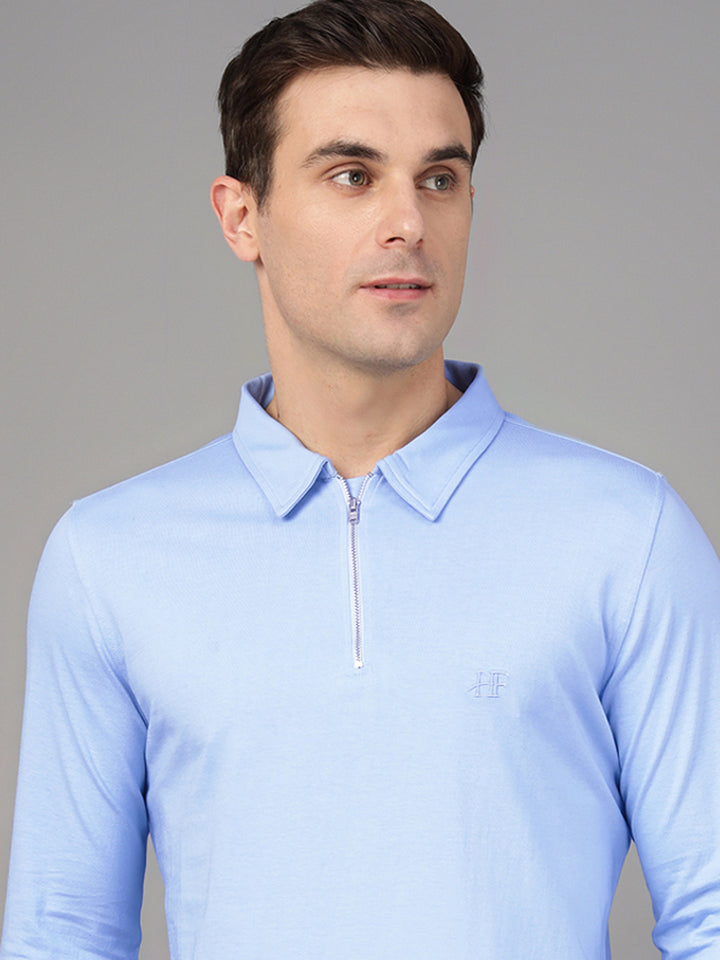Hancock Men Blue Solid Pure Cotton Slim Fit Formal Tshirt