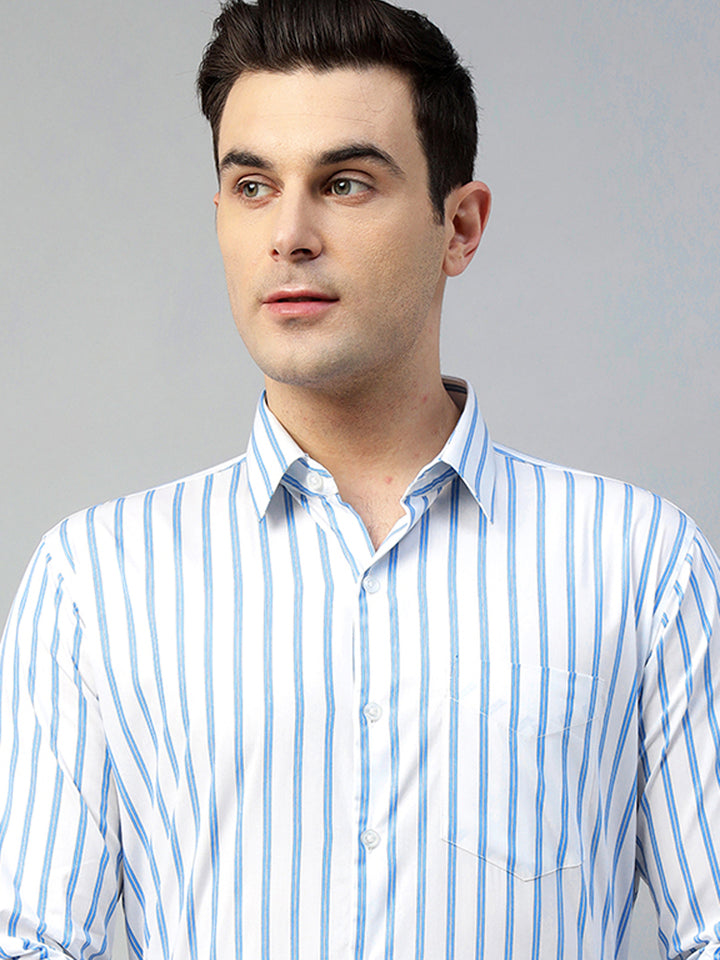 Hancock Men White Stripe Pure Cotton Slim Fit Formal Shirt
