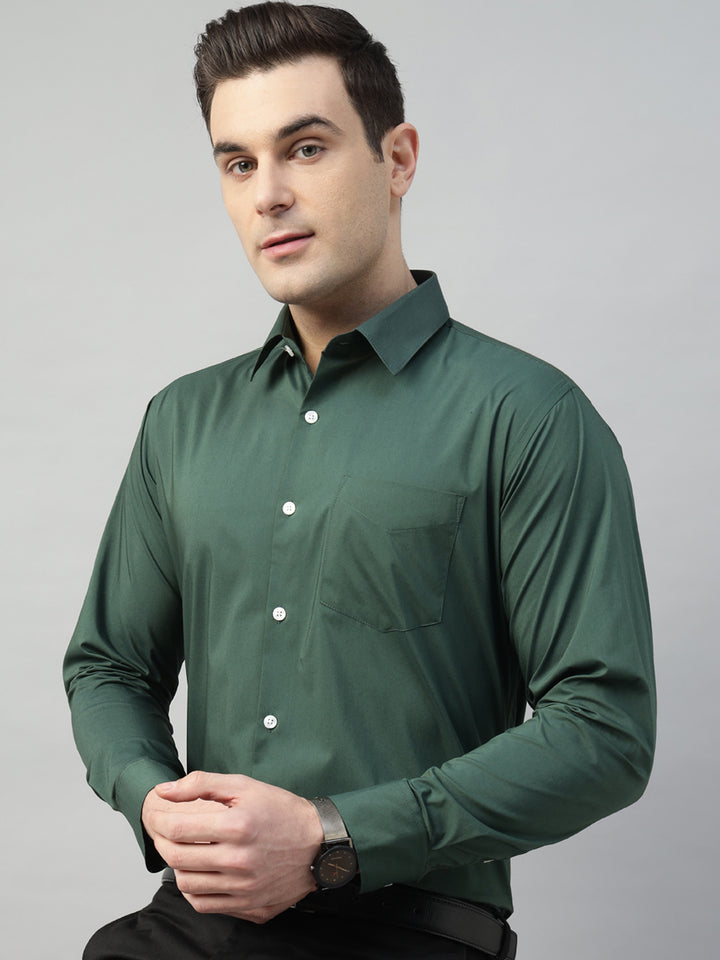 Hancock Men Bottle green Solid Cotton Elastene Slim Fit Formal Shirt