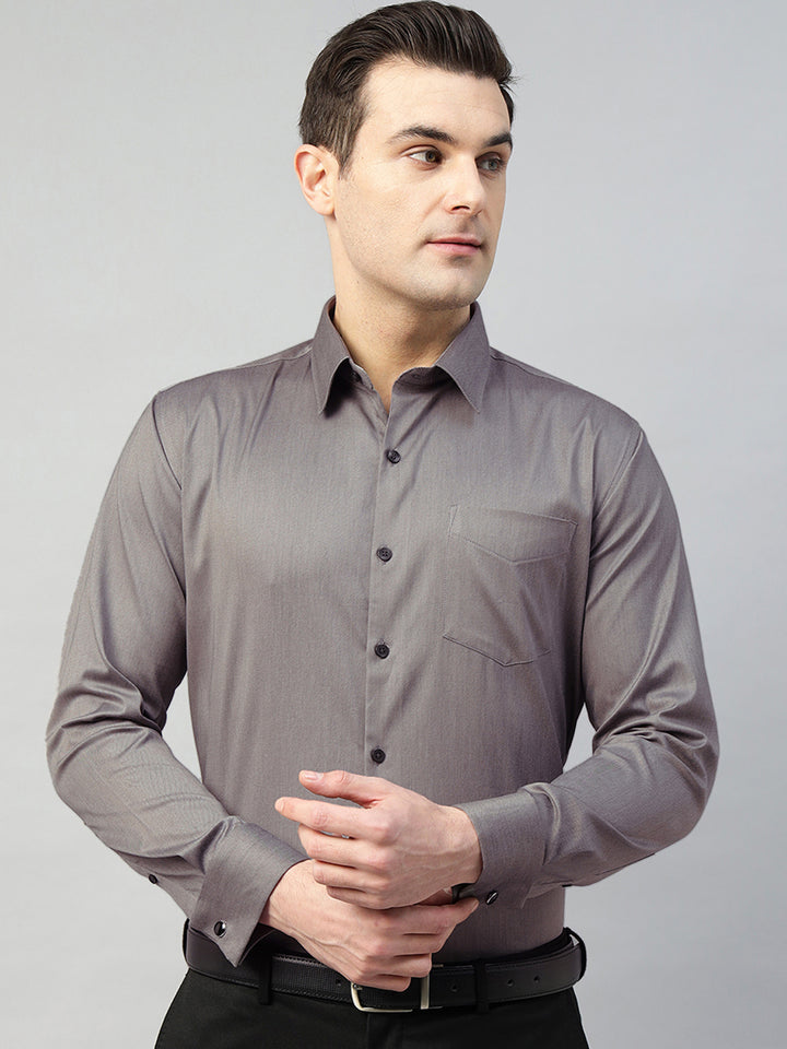 Hancock Men Grey Solid Cotton Elastene Slim Fit Formal Shirt