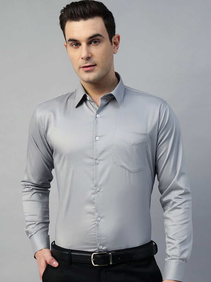 Hancock Men Light Grey Solid Cotton Elastene Slim Fit Formal Shirt