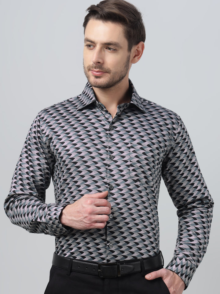Hancock Men Sage Green Print Spread Collar Slim Fit Party Shirt