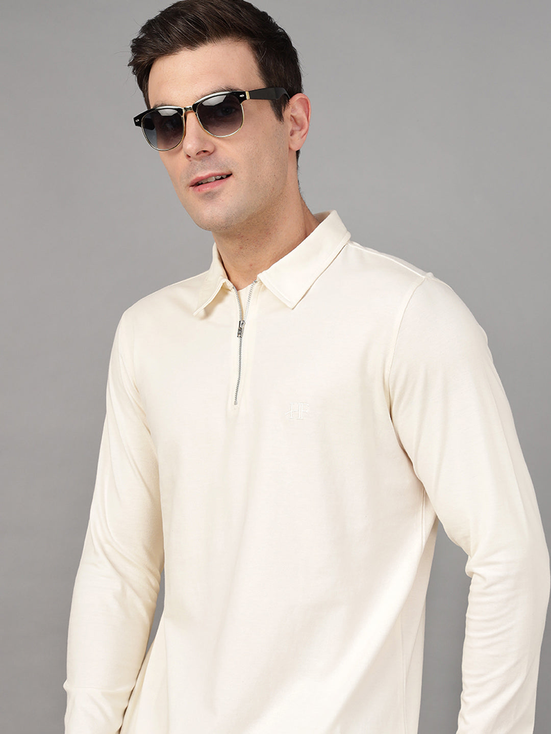 Hancock Men Cream Solid Pure Cotton Slim Fit Formal Tshirt