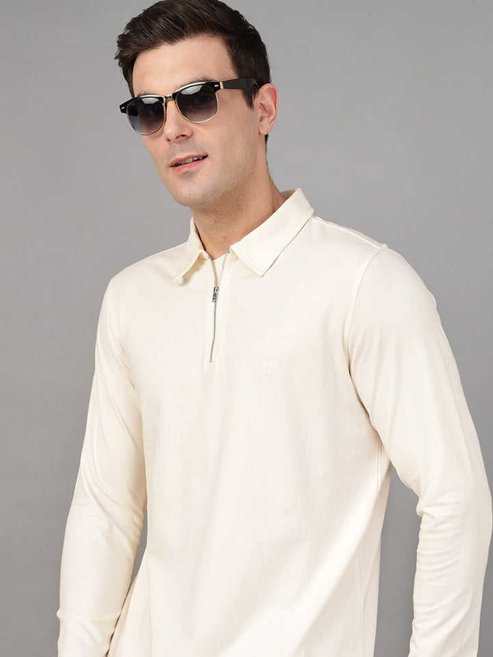 Hancock Men Cream Solid Pure Cotton Slim Fit Formal Tshirt