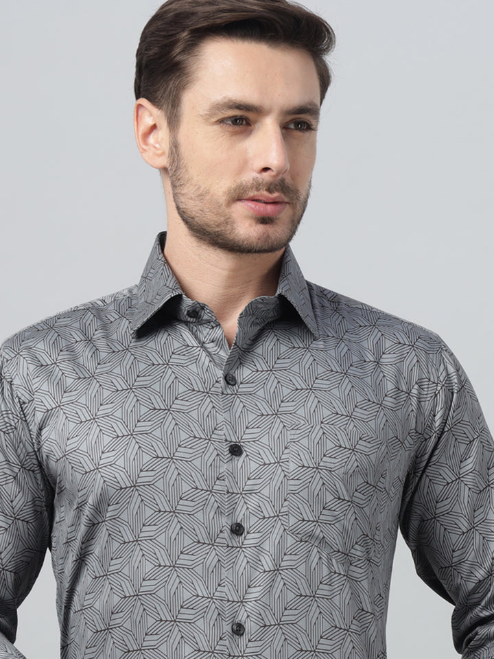 Hancock Men Grey Print Spread Collar Slim Fit Party Shirt