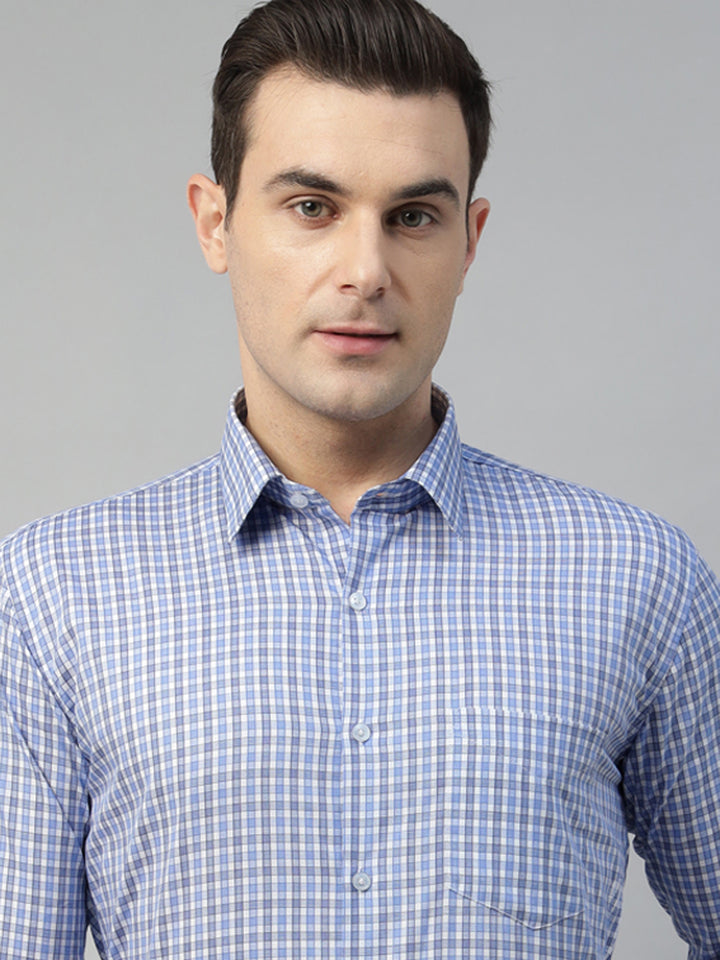 Hancock Men White & Blue Check Pure Cotton Slim Fit Formal Shirt