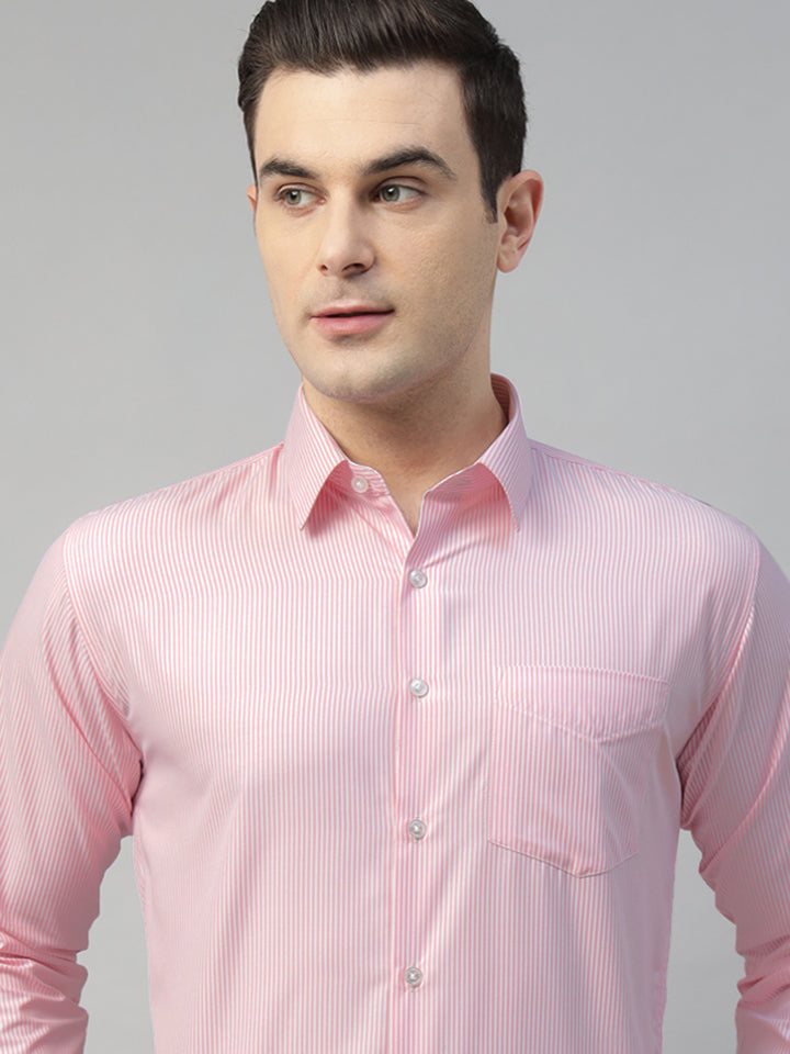 Hancock Men White & Pink Stripe Polyester Slim Fit Formal Shirt