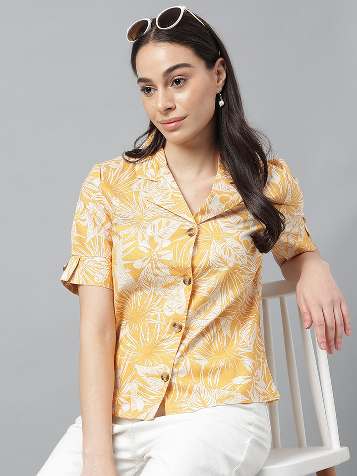 Women Yellow &Beige Prints Pure Cotton Regular Fit Casual Shirt