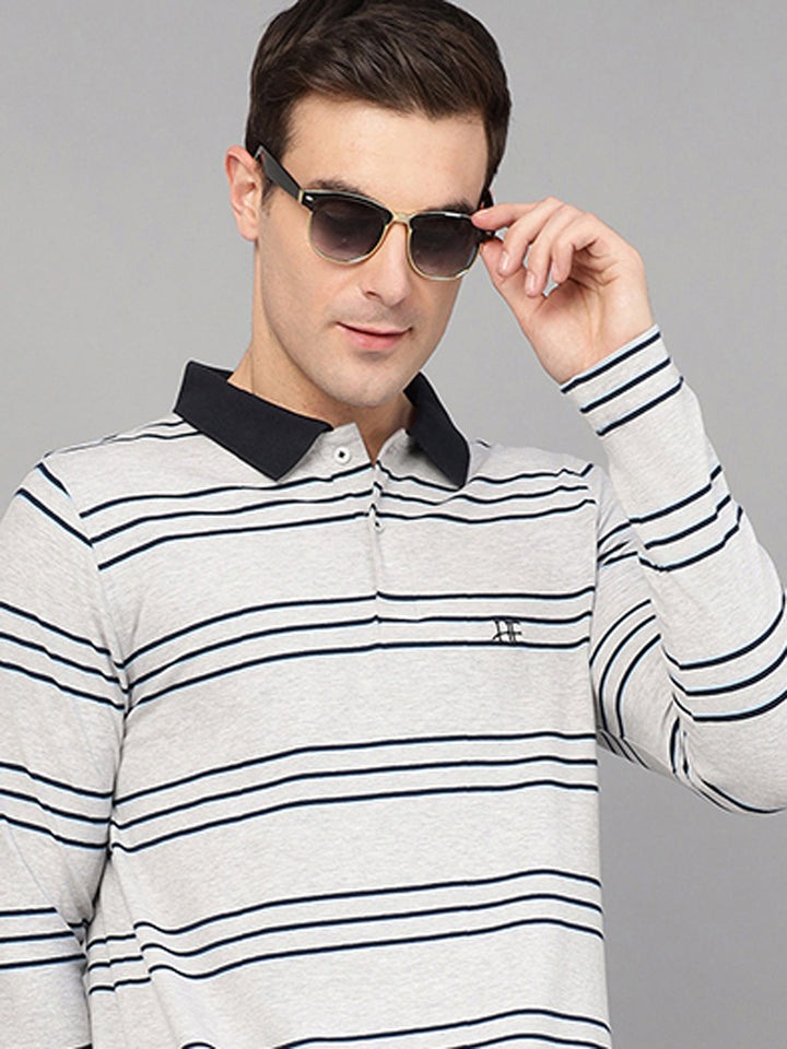 Hancock Men Grey & Navy Blue Stripe Cotton Elastene Slim Fit Formal Tshirt