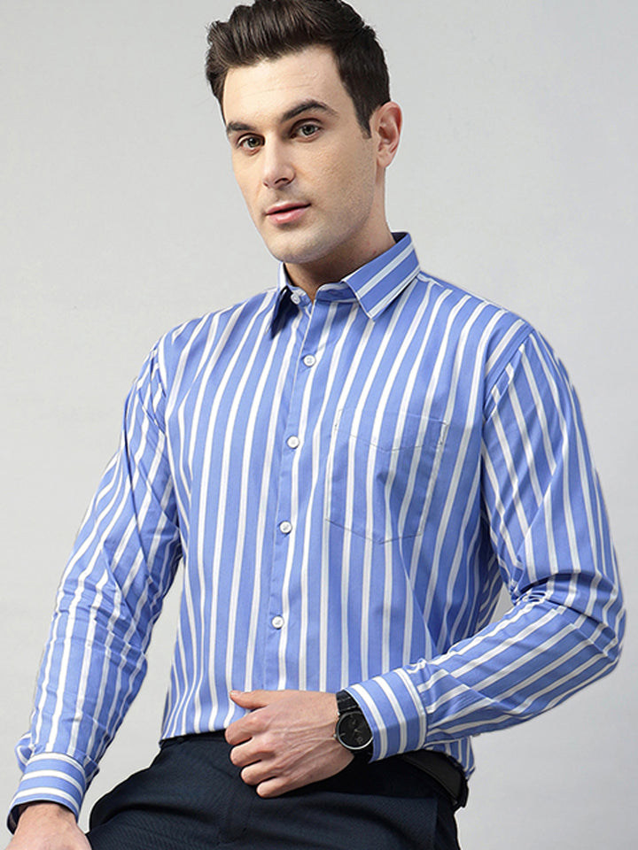 Hancock Men Blue & White Stripe Pure Cotton Slim Fit Formal Shirt