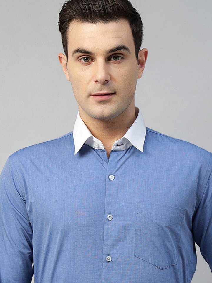 Hancock Men Blue Solid Pure Cotton Slim Fit Formal Shirt